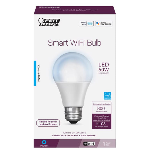 Feit LED Smart A19 E26 (Medium) Smart-Enabled Smart WiFi LED Bulb Daylight 60 Watt Equivalence 1 pk
