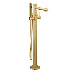 Brushed gold one-handle tub filler includes hand shower