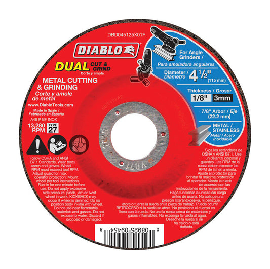 Diablo 4-1/2 in. D X 7/8 in. Aluminum Oxide Metal Dual Cut and Grind Disc 1 pk