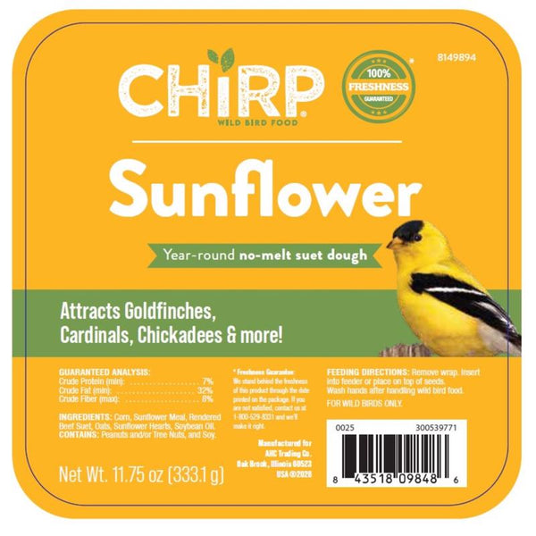 Chirp Sunflower No Melt Suet Sunflower Suet 11.75 oz (Pack of 12)