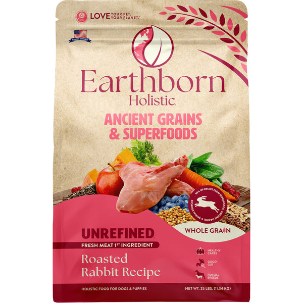 Alimento holístico para perros Earthborn de grano entero sin refinar, conejo asado, 25 lb.