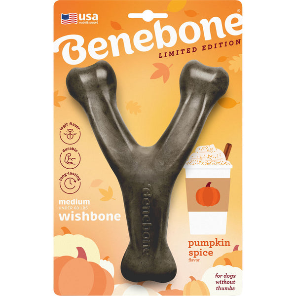 Benebone Holiday Wishbone Medium | Pumpkin Spice Flavor Durable Chew Toy for Dogs Without Thumbs