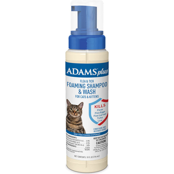 Adams Plus Flea and Tick Foaming Shampoo for Cats and Kittens 10 oz Pump Bottle
