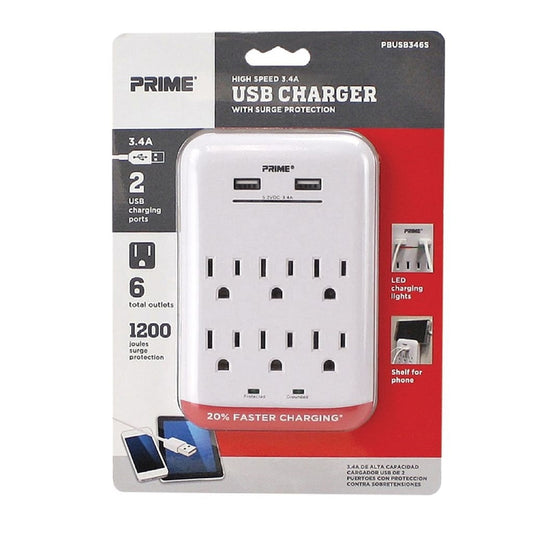 Prime 6 outlets Surge Protector with USB Port White 1200 J