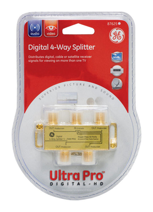 GE Utra Pro F-Connector RG6 4 Way Digital Splitter 1 pk