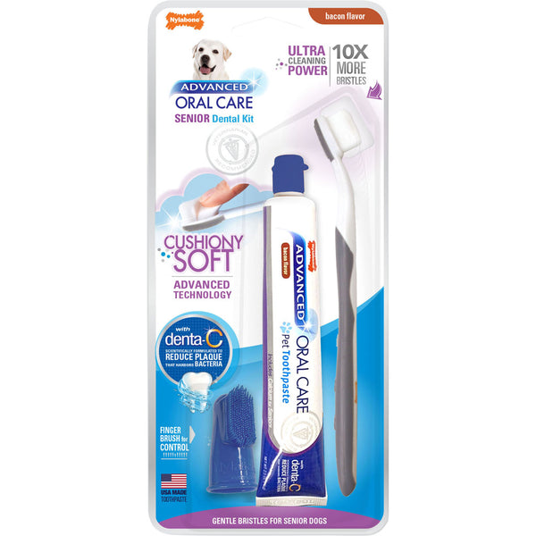 Advanced Oral Care Senior Dental Kit for Dogs with Toothbrush Finger Brush and Bacon Toothpaste 3 Piece Set