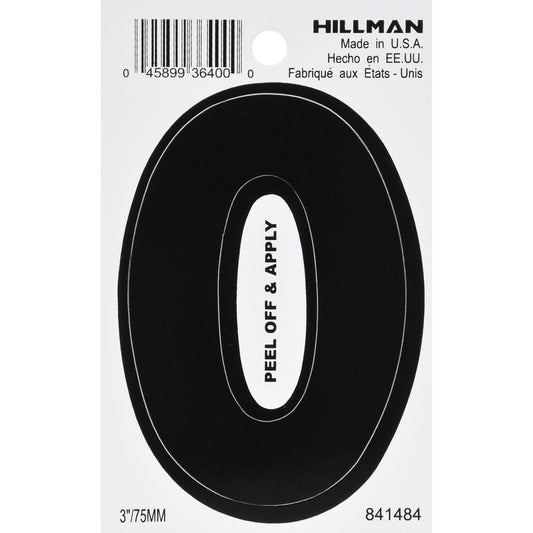 Hillman 3 in. Black Vinyl Self-Adhesive Number 0 1 pc (Pack of 6)