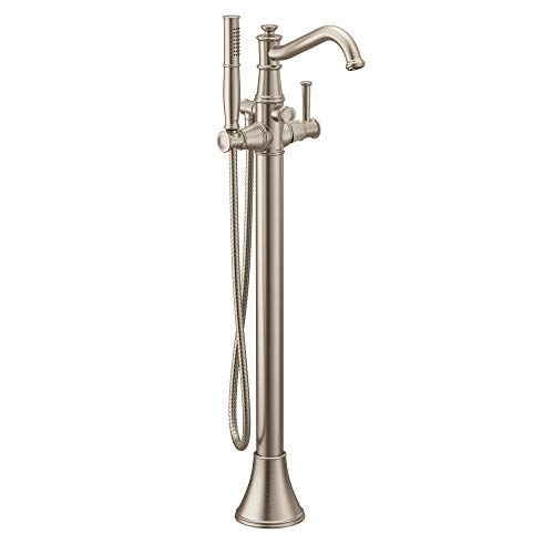 Brushed nickel one-handle tub filler includes hand shower