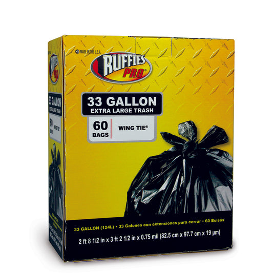 Ruffies Pro Black Wing Ties Trash Bags 33 gal. Capacity 0.75 mil. Thick x 32-1/2 x 38-1/2 in.