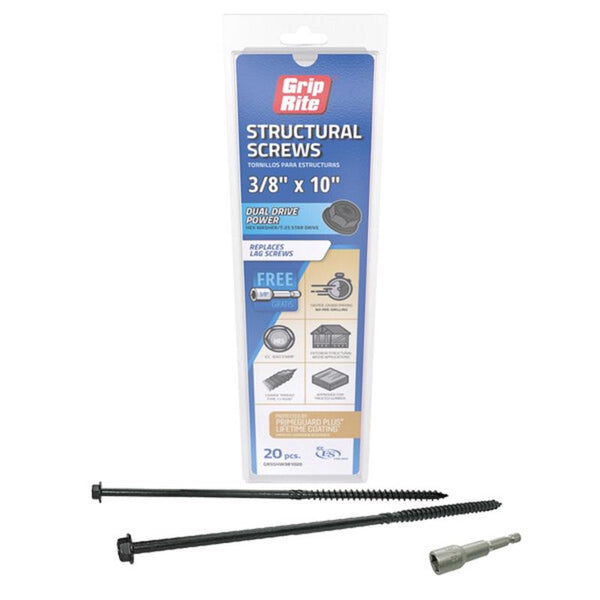 Tornillos estructurales de cabeza hexagonal con arandela de estrella de 3/8" x 10" de largo Grip-Rite