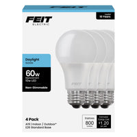 Feit A19 E26 (Medium) LED Bulb Daylight 60 Watt Equivalence 4 pk