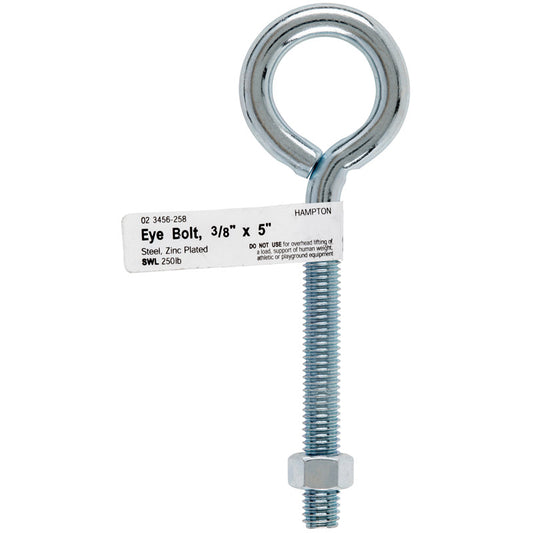 Hampton 3/8 in. x 5 in. L Zinc-Plated Steel Eyebolt Nut Included (Pack of 10)