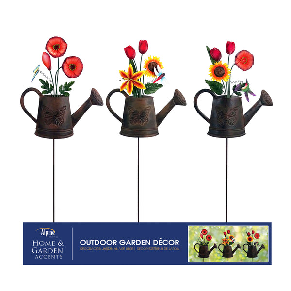 Alpine Multicolored Metal 36 in. H Watering Can with Flowers Outdoor Garden Stake (Pack of 9)