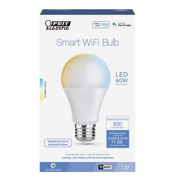 Feit A19 E26 (Medium) Smart-Enabled LED Bulb Adjustable White 60 Watt Equivalence 2 pk - Open Box