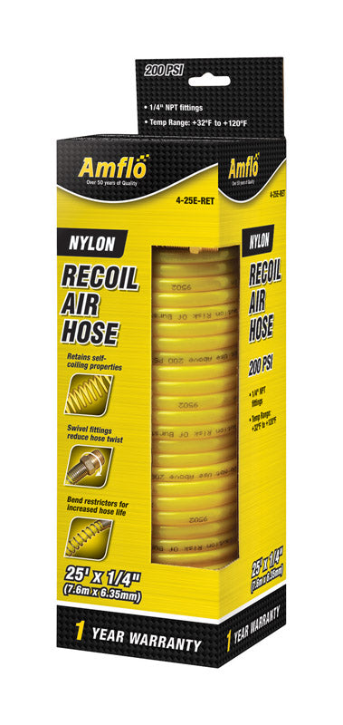 Amflo Yellow Nylon 200 PSI Recoil Air Hose 25 L ft. x 1/4 Dia. in.