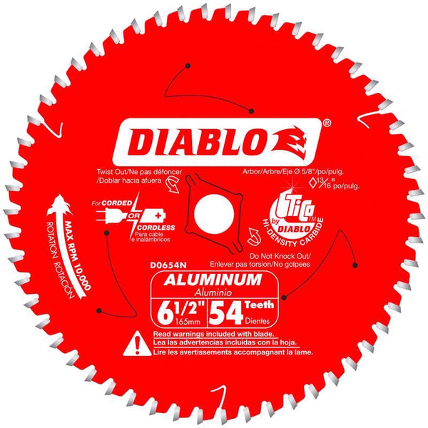 Hoja de sierra circular de carburo Diablo de 6-1/2 in. Dia. x 5/8 in., 54 dientes, paquete de 1 - Caja abierta