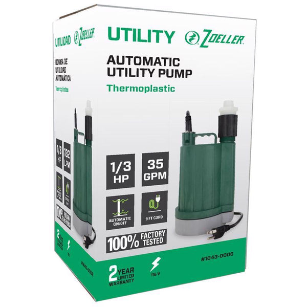 Bomba utilitaria sumergible de CA Zoeller de termoplástico, 1/3 HP, 2100 gph, con interruptor electrónico inferior - Oferta de la semana