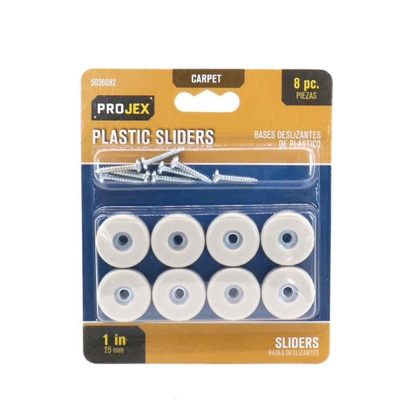 Guías deslizantes de plástico resistentes Projex de 1 pulg., color blanco, con tornillos, paquete de 8
