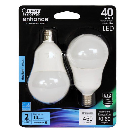 Feit Enhance A15 E12 (Candelabra) LED Bulb Daylight 40 Watt Equivalence 2 pk
