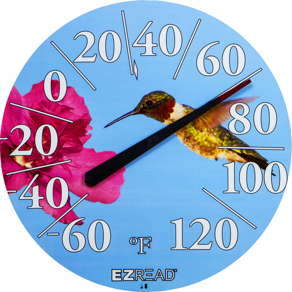 Termómetro de esfera para interiores y exteriores EZREAD, diseño de colibrí, 12.5 in - Caja abierta