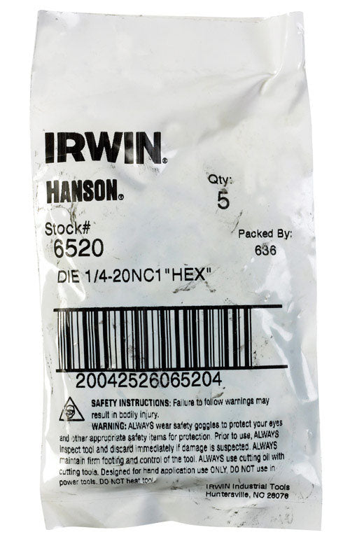 Irwin Hanson High Carbon Steel SAE Hexagon Die 1/4 in.-20NS 1 pc. (Pack of 5)