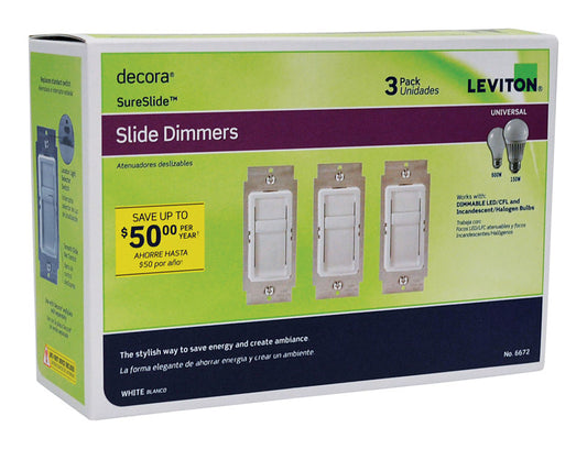 Leviton Decora SureSlide White 600 W Slide Dimmer Switch 3 pk