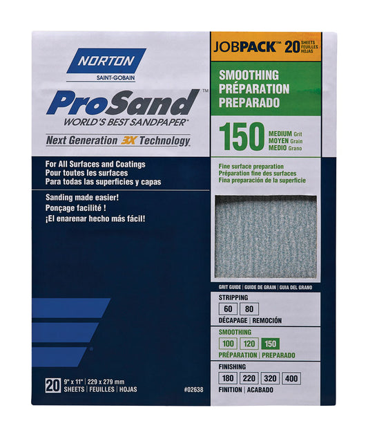 Norton ProSand 11 in. L x 9 in. W 150 Grit Medium Aluminum Oxide Sandpaper 20 pk