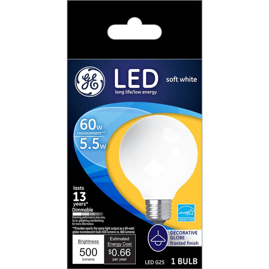 GE G25 E26 (Medium) LED Bulb Soft White 60 Watt Equivalence 1 pk
