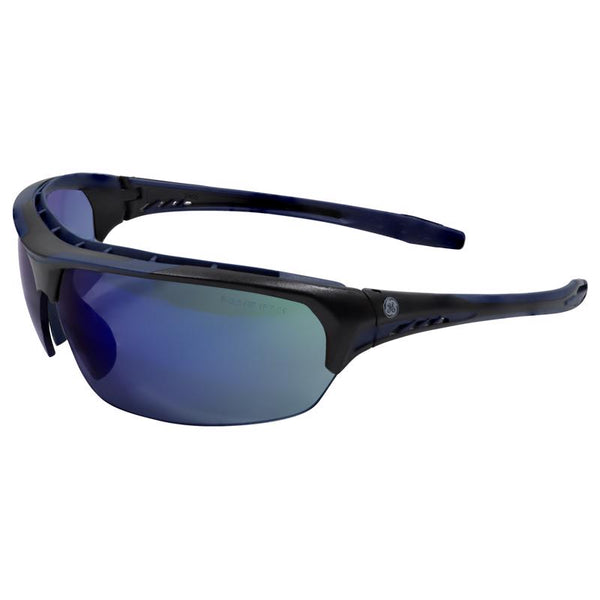Gafas de seguridad resistentes a impactos y antivaho serie 09 de General Electric, lentes de espejo azul, marco negro/azul