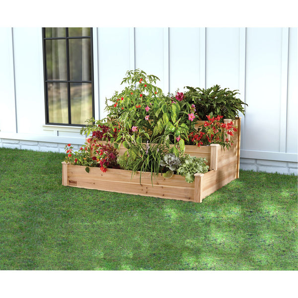 Panacea Raised Cedar 3 Tier Step Garden Planter 48 in x 48 in x 22 in Outdoor Wooden Plant Pot