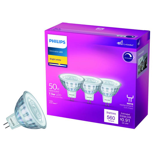 Philips MR16 GU5.3 LED Floodlight Bulb Bright White 50 Watt Equivalence 3 pk