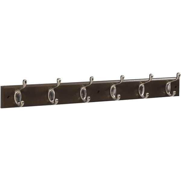 DPV8170 Barra para colgar ropa de 27" x 2-3/4" x 3/5" con 6 ganchos para abrigos - Níquel satinado con barra marrón oscuro
