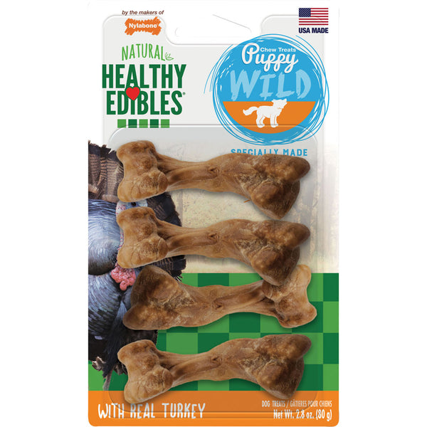 Nylabone Healthy Edibles - Alimento para cachorros de pavo salvaje (pequeño), paquete de 4