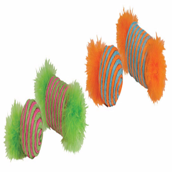 Carrete de rafia y bola de rafia Chomper Kylies Brights con plumas para gato, paquete grande de 2