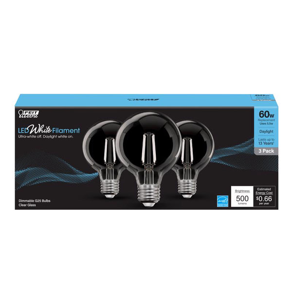 Feit White Filament G25 E26 (Medium) Filament LED Bulb Daylight 60 Watt Equivalence 3 pk - Open Box