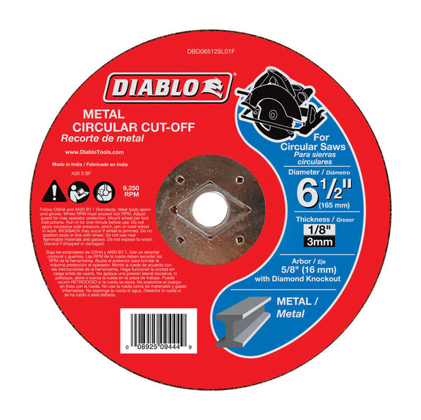 Disco de corte circular de óxido de aluminio de 6-1/2 pulg. de diámetro exterior y 5/8 pulg. de Diablo, paquete de 1