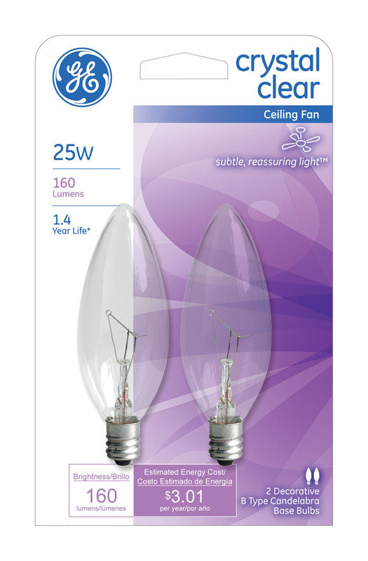 GE 25 watts B10 Decorative Incandescent Bulb E12 (Candelabra) Soft White 2 pk (Pack of 6)