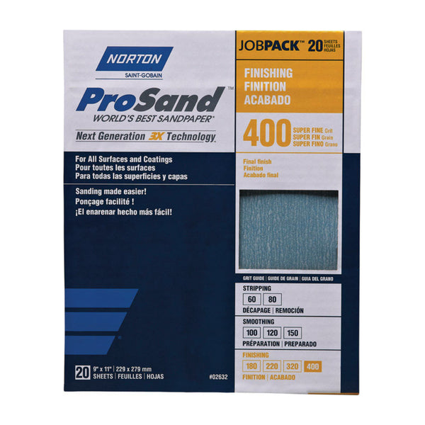 Papel de lija de óxido de aluminio Norton ProSand de 11 pulg. de largo y 9 pulg. de ancho, grano 400, paquete de 20