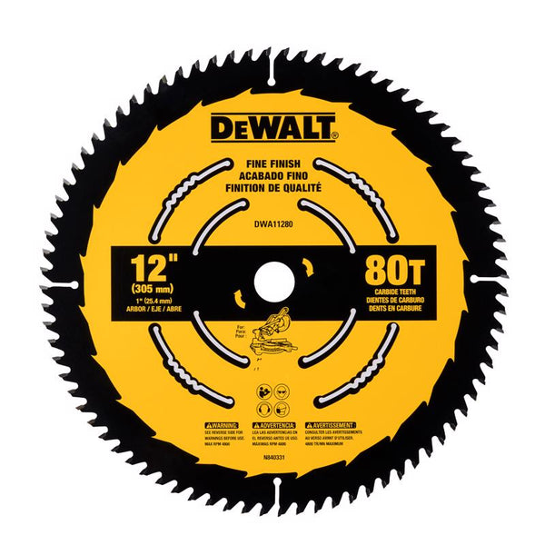 Hoja de sierra circular con punta de carburo de 12 in, DX y 1 in, acabado fino, DeWalt, 80 dientes, 1 pieza