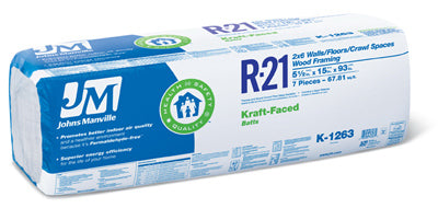 R21 Kraft Faced Batt Insulation, 67.8-Sq. Ft. Coverage, 15 x 93-In.