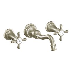 Brushed nickel two-handle high arc wall mount bathroom faucet