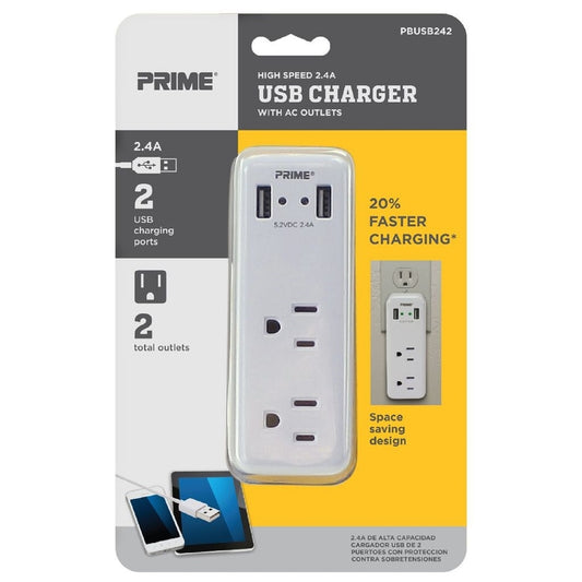 Prime Grounded 2 outlets Adapter with 2 USB Ports 1 pk