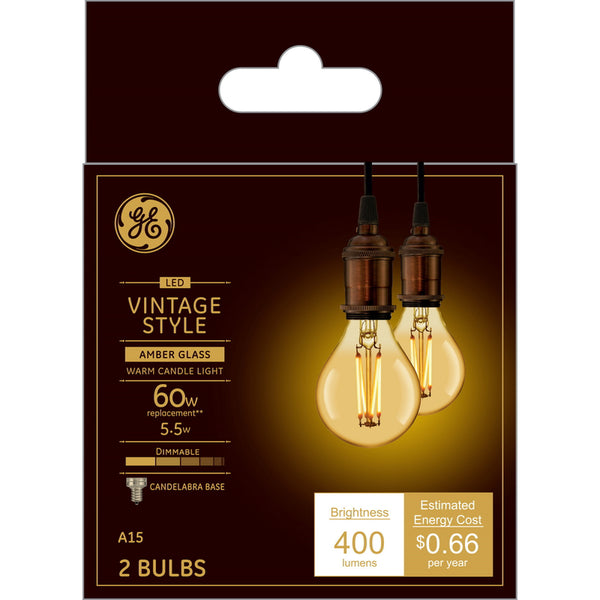 Bombilla LED GE Lighting Vintage Style A15 E12 (candelabro), luz cálida tipo vela, equivalente a 60 vatios, paquete de 2