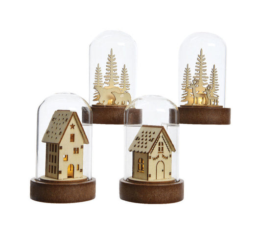 Decoris  LED Chloche with House or Bear Scene  Christmas Decoration  Yellow-White  Wood  1 pk (Pack of 48)