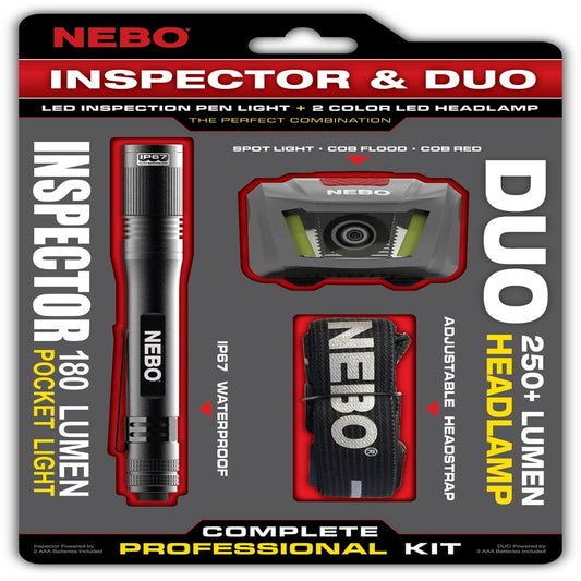 Nebo Inspector/Duo Black LED Flashlight/Headlight Combo Pack AAA Battery