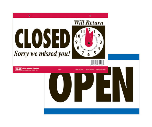 Hy-Ko English Open/Closed Clock Sign Plastic 6 in. H x 11 in. W (Pack of 3)