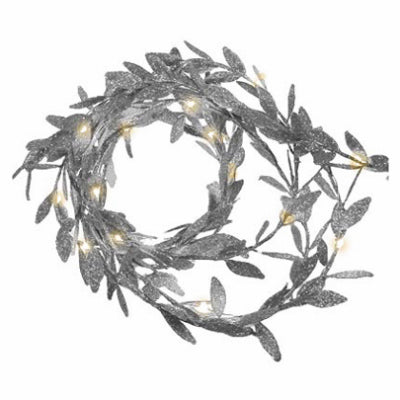 Shiny Leaf Garland, Silver, 27 Pure White LED Lights, Silver Wire, 9-Ft.