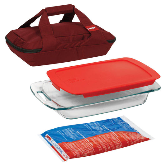 Pyrex 9 in.   W X 13 in.   L Portable 4-Piece Dish Set Clear/Red 4 pc