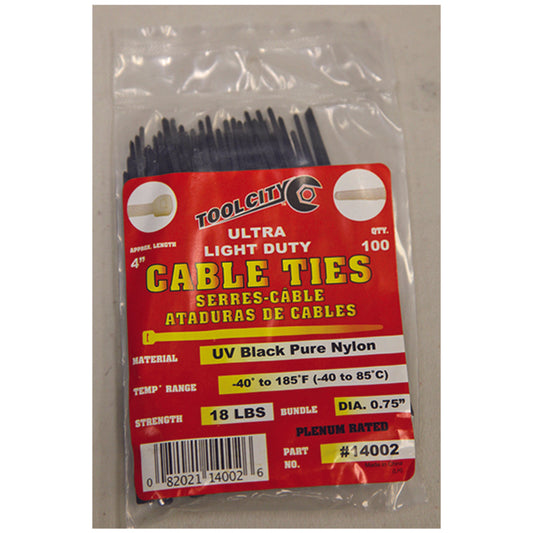 Tool City  4 in. L Black  Cable Tie  100 pk