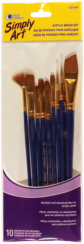 Loew-Cornell 1021084 Brown Nylon Acrylic Paint Brush Set Assorted Sizes 10 Count